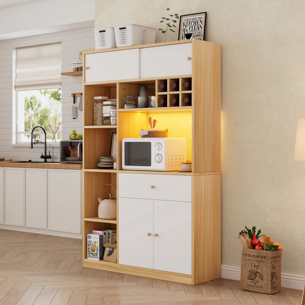 Credenza da Cucina Alta con 3 Ante; 1 Cassetto; Ripiani Aperti e LED per Cucina in Pannelli; Bianco Naturale 115x35x180 cm