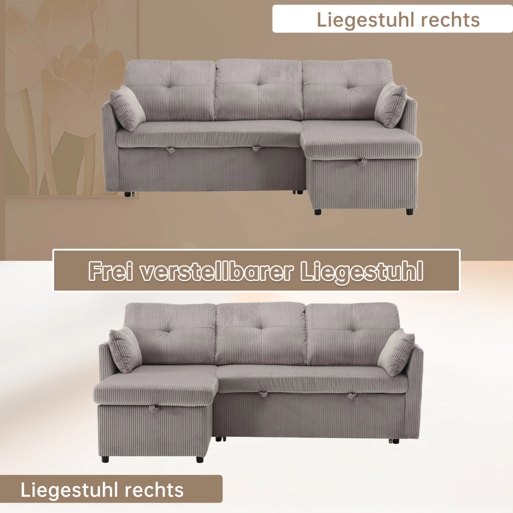 Divano Letto Angolare Reversibile con Contenitore, Corduroy, Grigio Chiaro