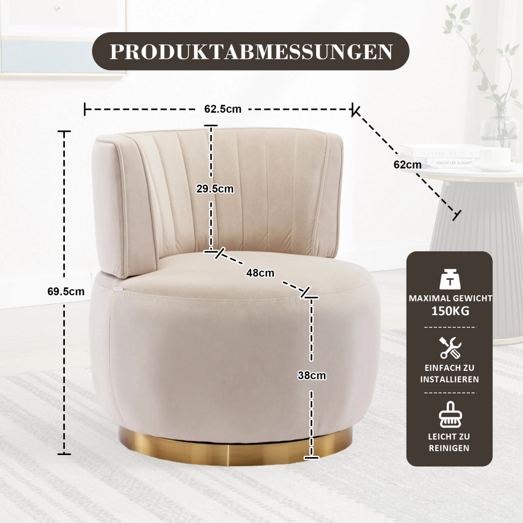 Sedia girevole 360° con schienale ergonomico; seduta imbottita; struttura in legno e metallo; velluto beige