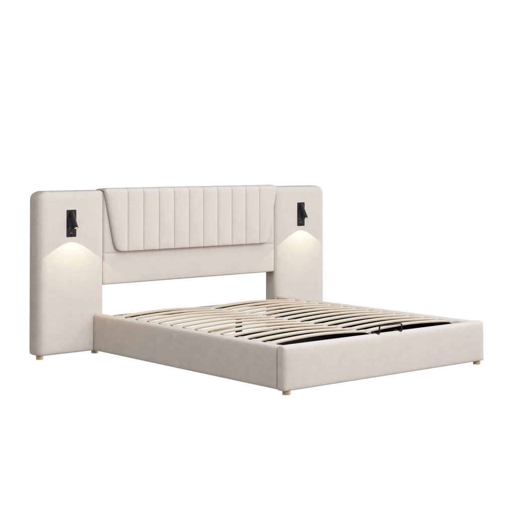 Letto imbottito 180x200cm - Zephmum - Schienale lungo, lampada regolabile, USB, idraulico, velluto, beige