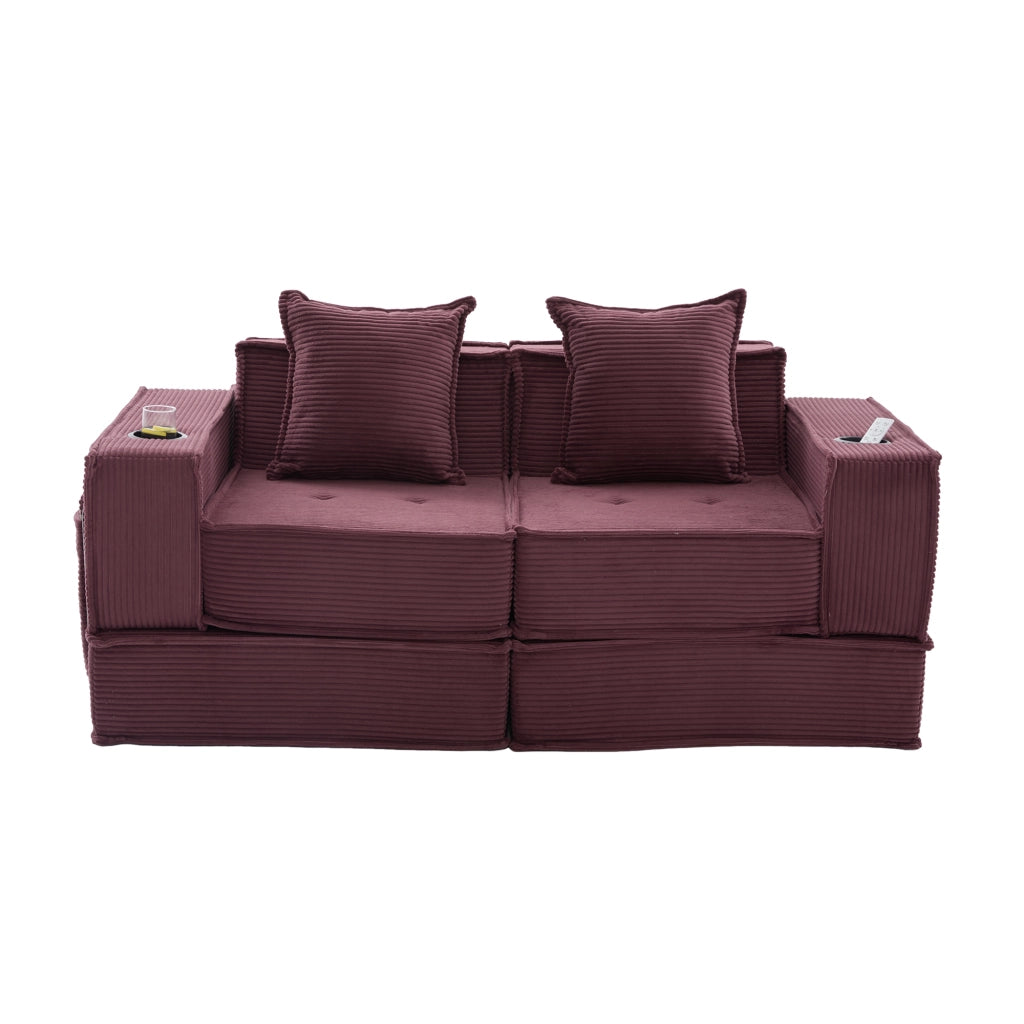 Pouf divano 2 posti in velluto a coste, colore wine red, con 2 cuscini e tasche laterali