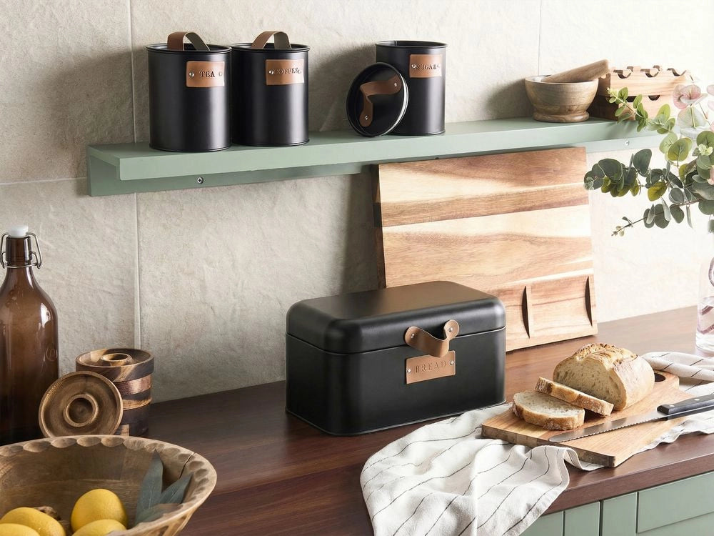 Set da 4 pezzi composto da portapane e contenitori in metallo nero Portapane 30 x 17 x 17 cm Contenitori per tè, caffè e zucchero Conservazione degli alimenti Cucina moderna