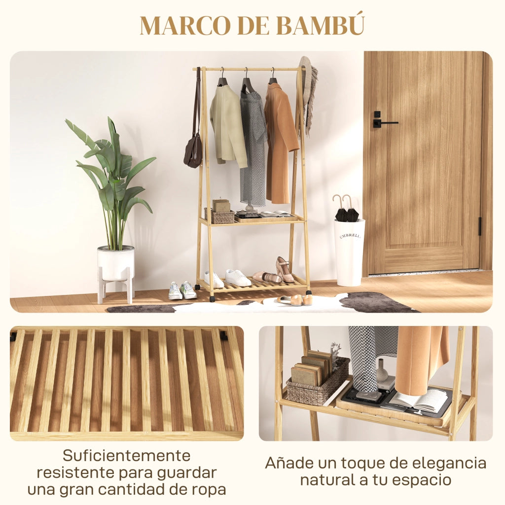 Appendiabiti con Ruote in Bamb¨´ ¨C Xylo ¨C 2 Ripiani, 2 Ganci, 84,5x43,5x158 cm, Naturale