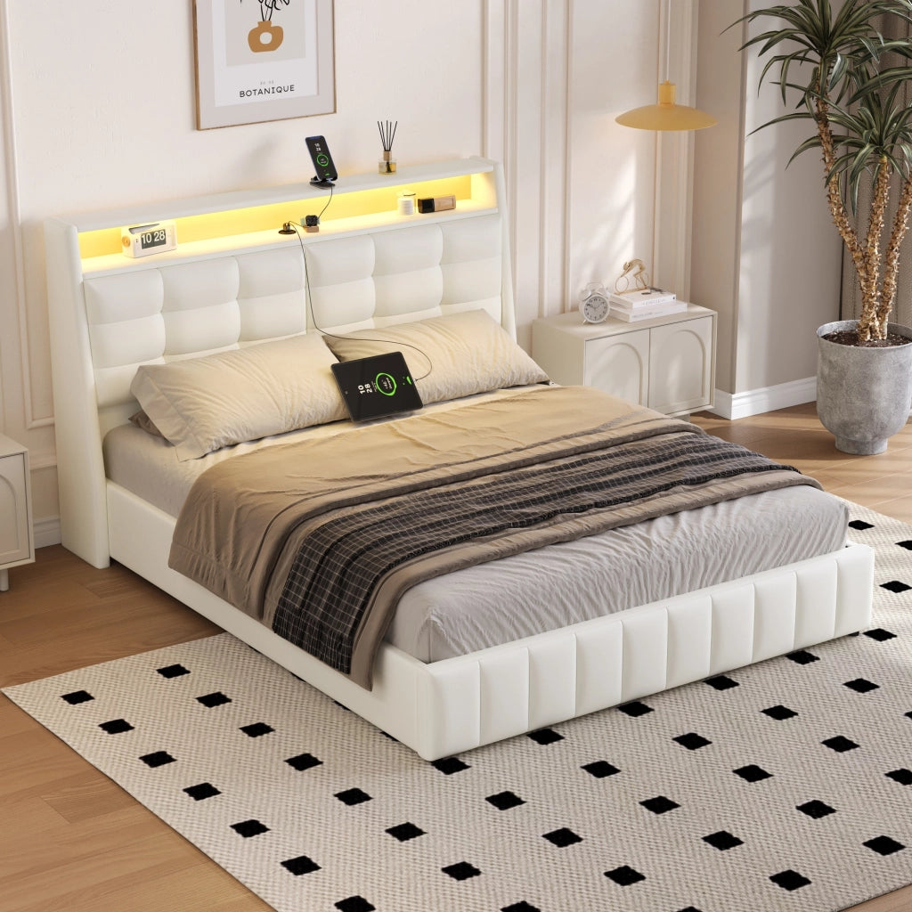 Letto piattaforma imbottito 160x200 cm con LED, USB e contenitore, bianco