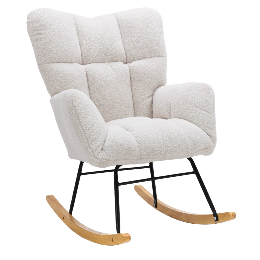 OKWISH Sedia a Dondolo con Schienale Alto Ergonomico e Braccioli Imbottiti, Struttura in Metallo e Legno, Teddy Bianco