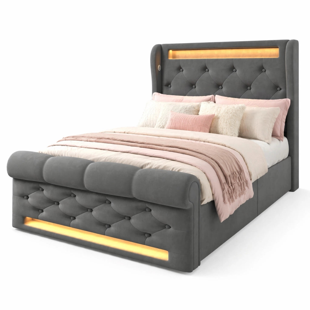 Letto imbottito con contenitore 90x200 cm in velluto grigio; LED integrato; USB e Type-C; con materasso