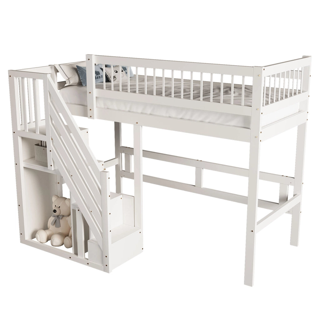 Letto a soppalco in legno massello con scala contenitore e recinzione alta; bianco; 90x200 cm; senza materasso