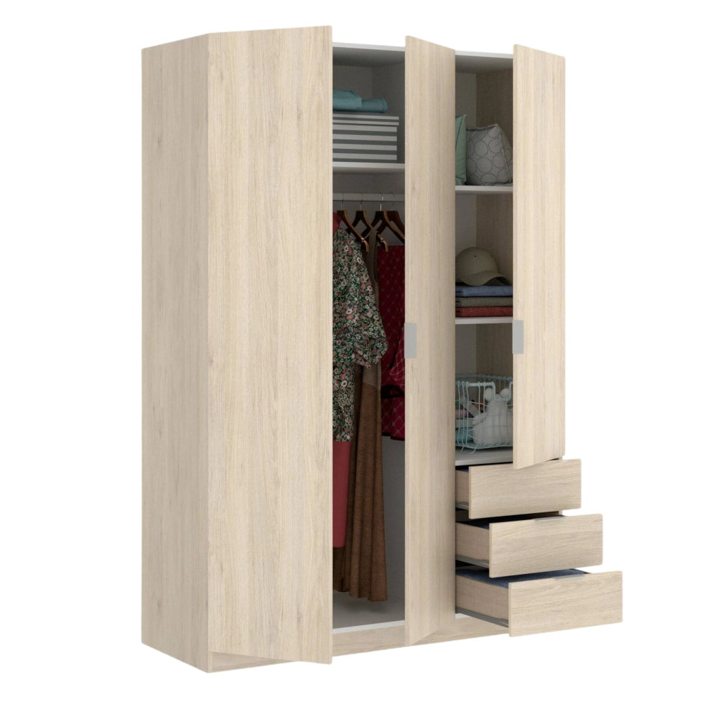 Guardaroba Astru, Mobile appendiabiti per camera da letto, Armadio a 3 ante battenti e 3 cassetti, 121x52h184 cm, Rovere