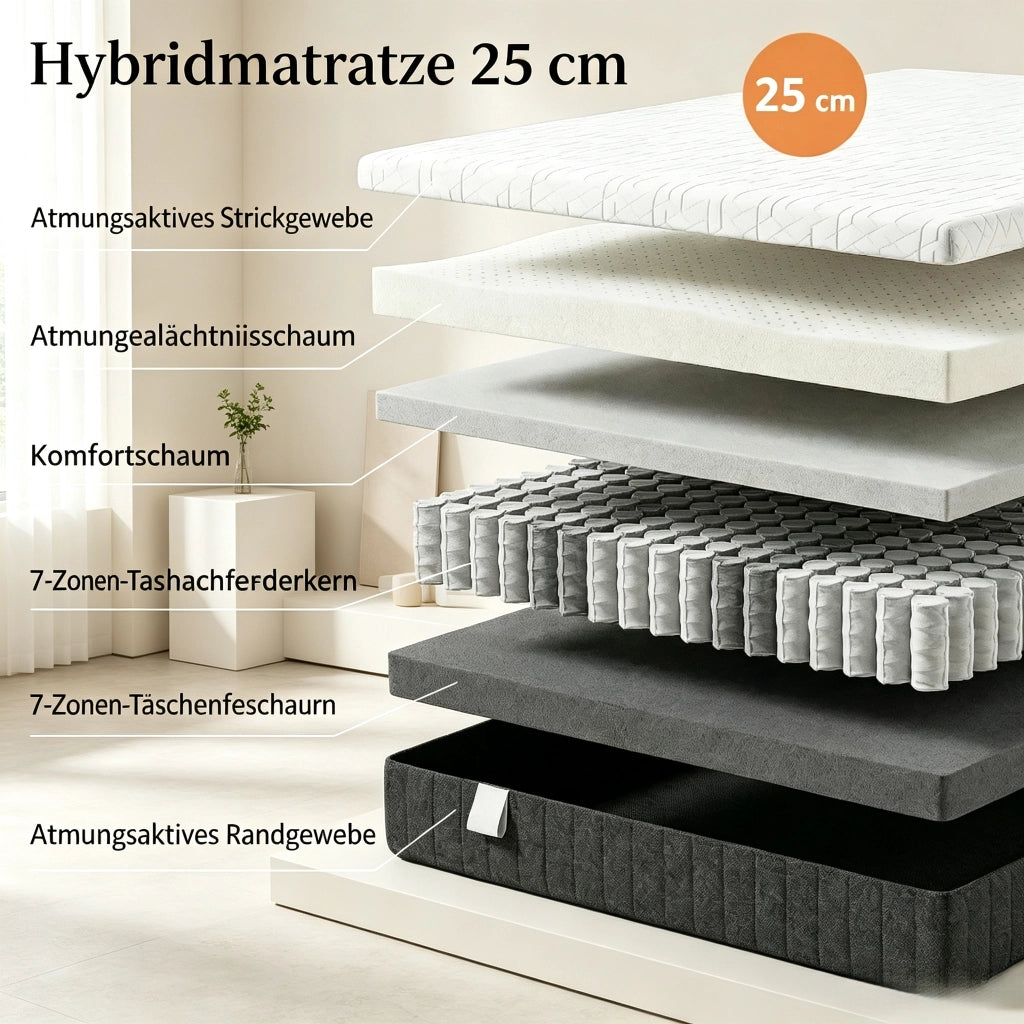 Materassi 140 x 190 cm, materassi per 2 persone, in memory foam sagomato, spessore 25 cm (solo con 1 materasso)