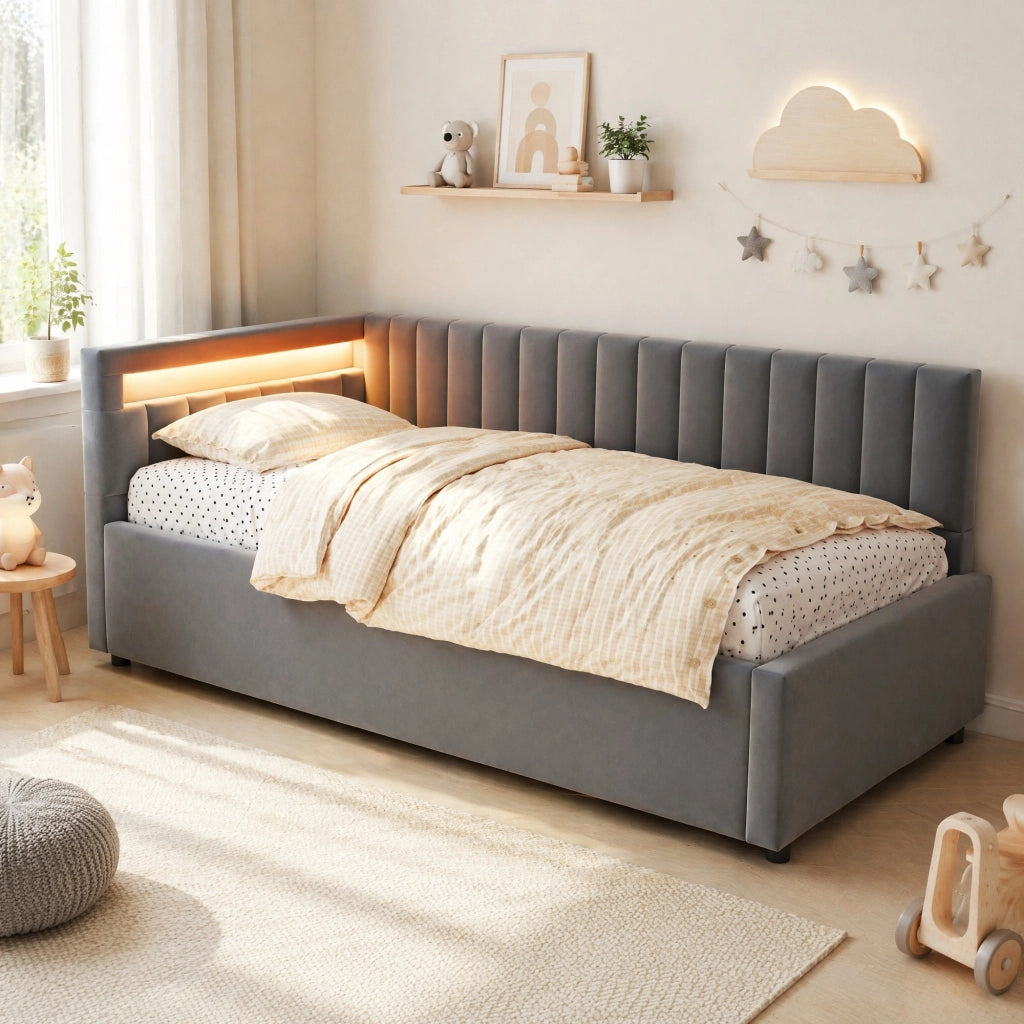 LETTO Divano imbottito 90x200 cm in velluto grigio con LED e contenitore