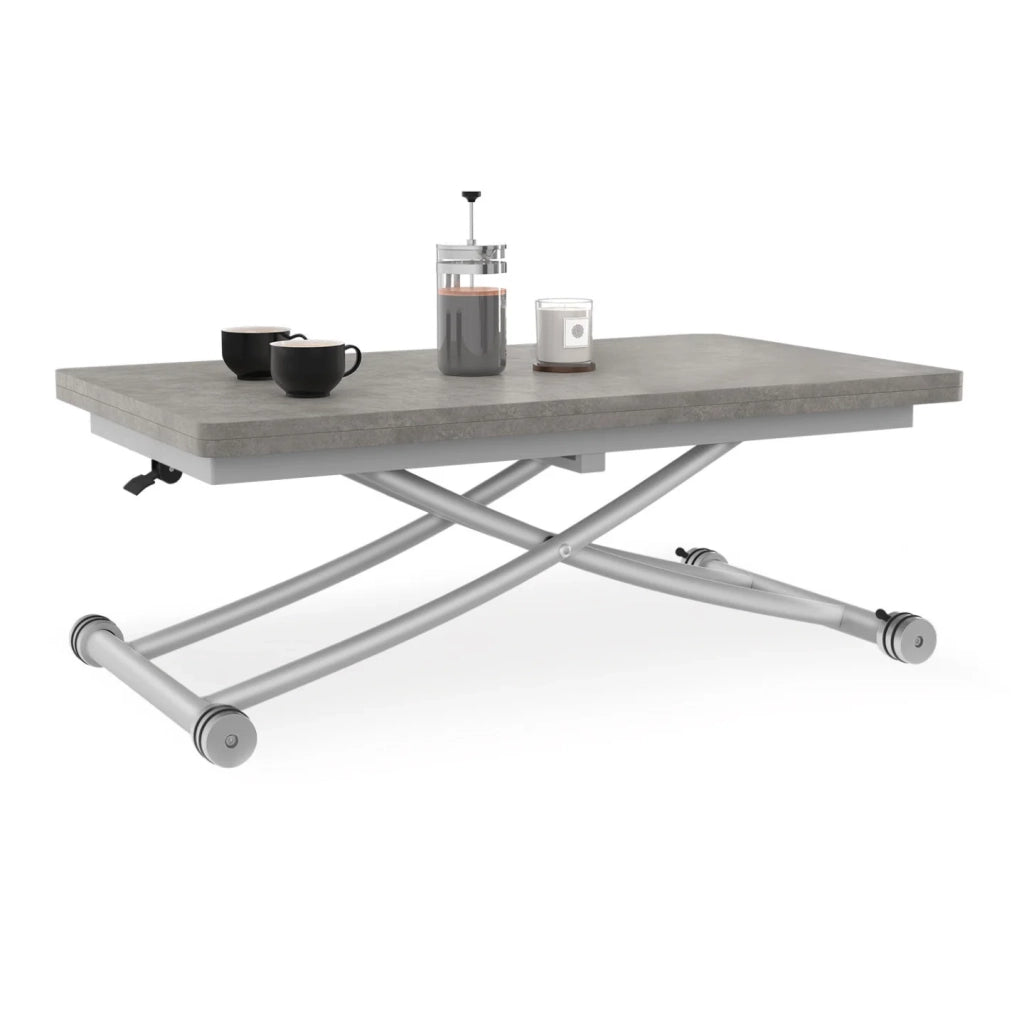 IDMarket - Tavolino 2 in 1 URBANA, trasformabile in tavolo da pranzo rettangolare, 100 cm, effetto cemento, base grigia
