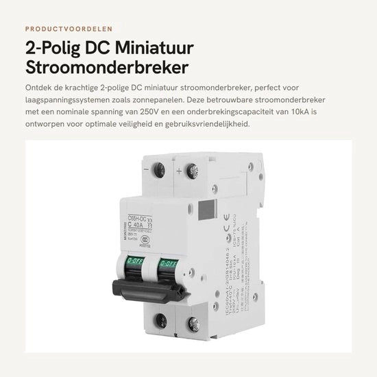 Interruttore di corrente miniatore a 2 poli DC - bassa tensione - rapida risposta - 250V 40A - adatto per pannelli solari - montaggio DIN-Rail