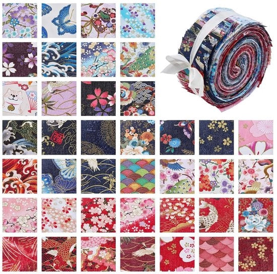 Stoffa a Rullo Jelly 40 pezzi - Stile Giapponese - Motivi Fiorali - Sartoria - Artigianato - Accessori Creativi - Strisce di Stoffa