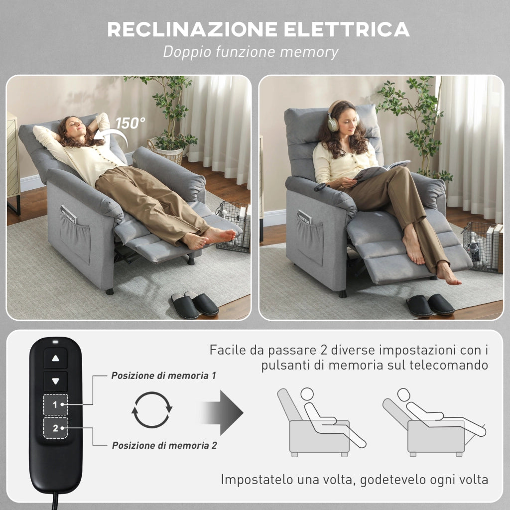 Poltrona Reclinabile con Riscaldamento, 8 Punti Massaggio e 5 Modalità 82x99x106 cm in Tessuto Effetto Velluto Grigio