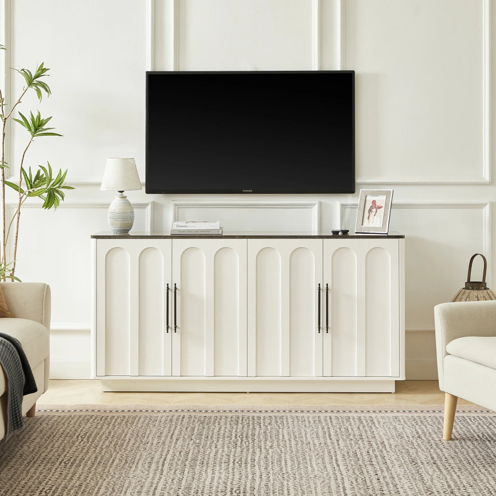 Madia con 4 ante e ripiani con chiusura ammortizzata e fissaggio a parete per soggiorno; in MDF; bianco e nero; 160×40×80 cm