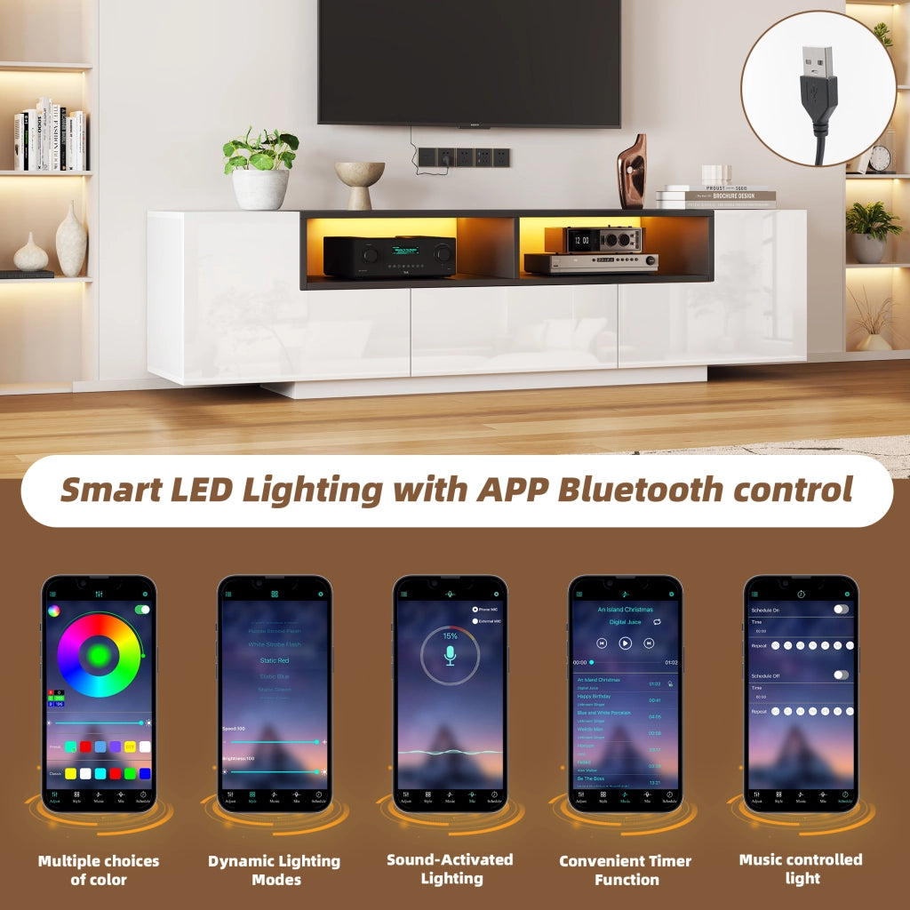 Mobile TV con 2 vani a L; 1 cassetto e LED per soggiorno; in truciolare; bianco; 180×40×48 cm