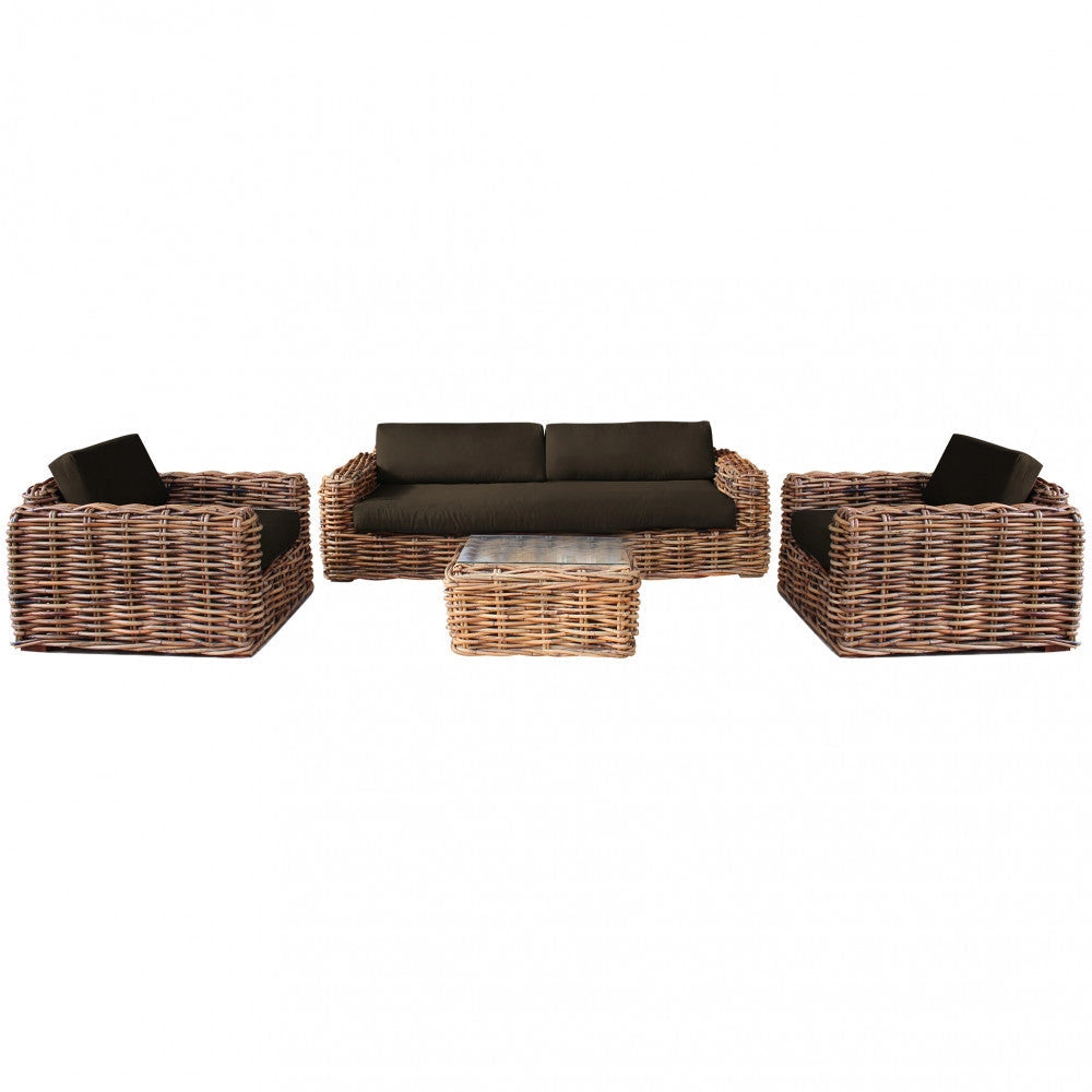 Set Salotto da Giardino Divano 2 Poltrone e Tavolino con Cuscini in Rattan Marrone
