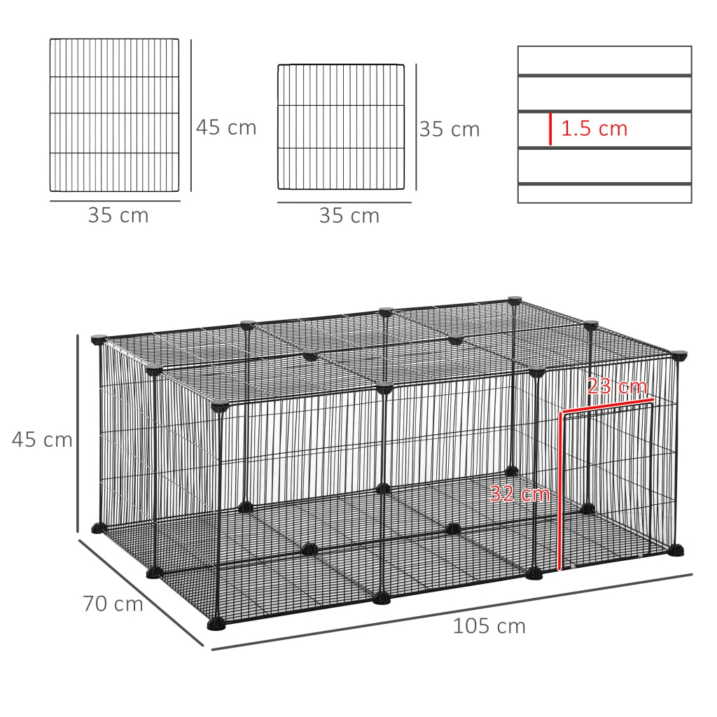 Gabbia per Conigli e Piccoli Animali ¨C Xylo ¨C 22 Pannelli Modulabili in Metallo con Porta, Nero, 105x70x45cm
