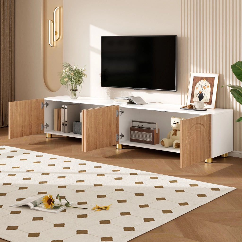 Mobile TV, mobile da ingresso, ante con rilievi curvi, gambe di sostegno in metallo, colore legno naturale