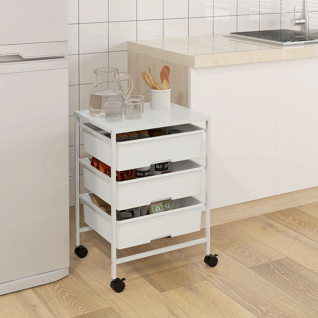 Carrello Multiuso con 3 Cestini Estraibili e Ruote ¨C zephmum ¨C Acciaio e PP, Bianco