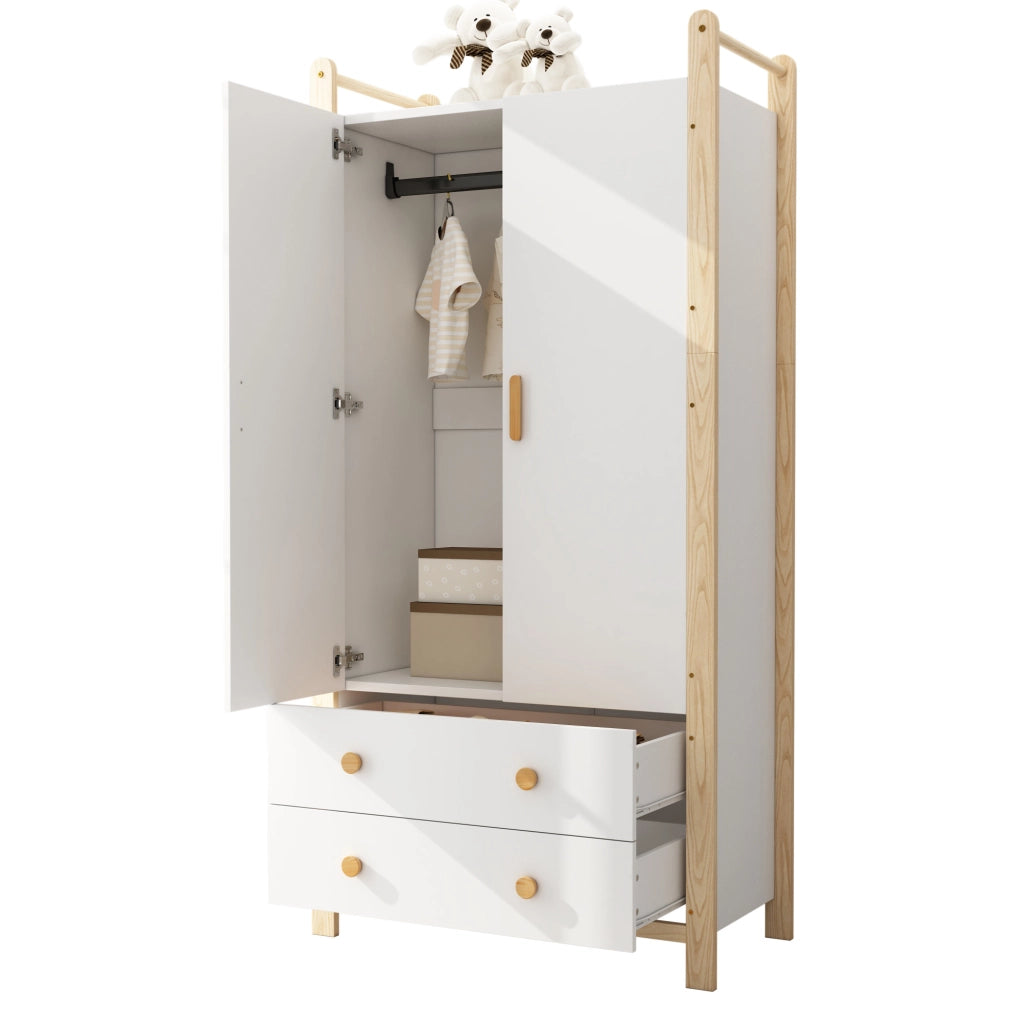 Armadio a 2 ante con barra appendiabiti e 2 cassetti in legno e MDF colore naturale e bianco