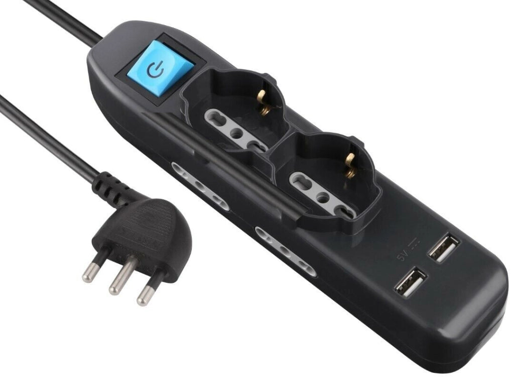Multipresa 16A+Int 2 Pt Univ+2Usb Nera Mt 1,5 - Electraline