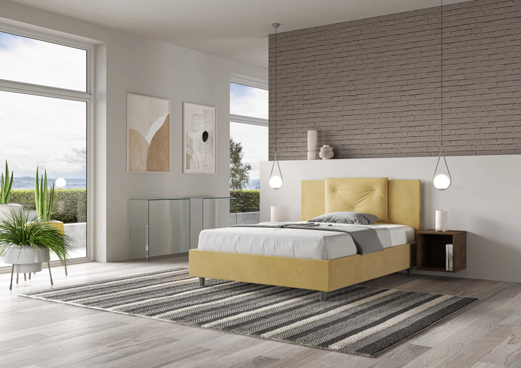 BS COM Letto queen size contenitore imbottito 150x200 microfibra ocra