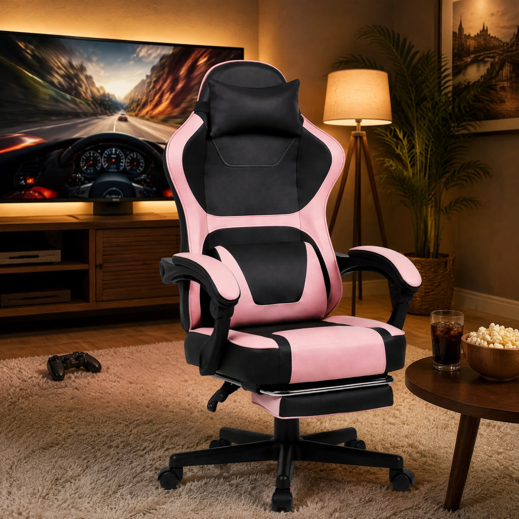 Sedia da ufficio gaming con tasca posteriore, cuciture curate e cilindro pneumatico a tre livelli in pvc rosa baby
