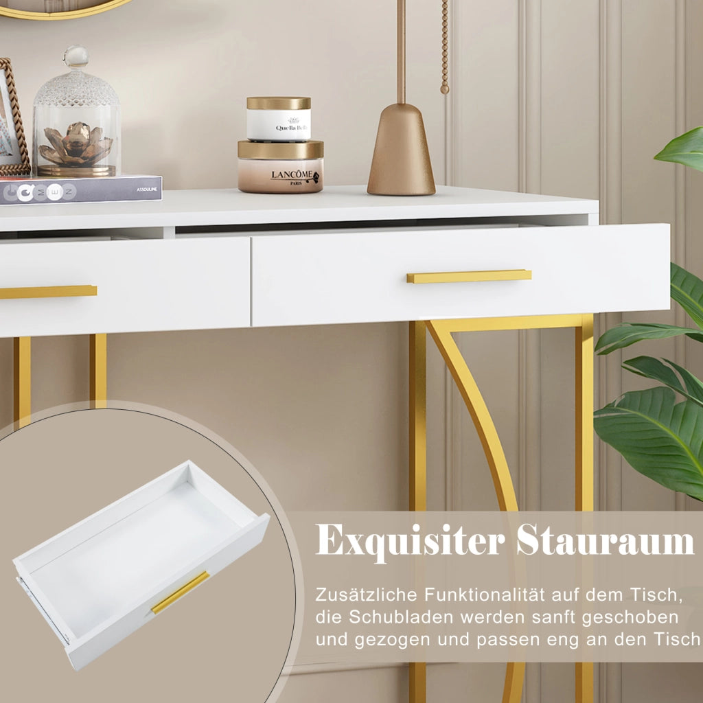Consolle, tavolino da ingresso con 2 cassetti, tavolino laterale leggero ed elegante, tavolino da divano, 110x32x85 cm, bianco/oro