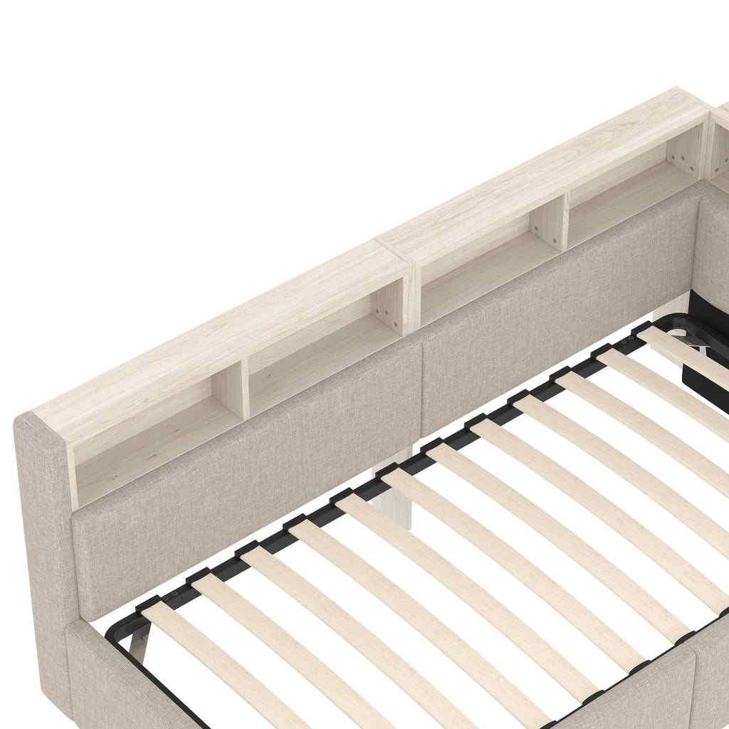 DESMIU Letto divano 90 × 200 cm 1 posto con LED regolabile, USB, Type-C e contenitore idraulico, senza materasso, beige