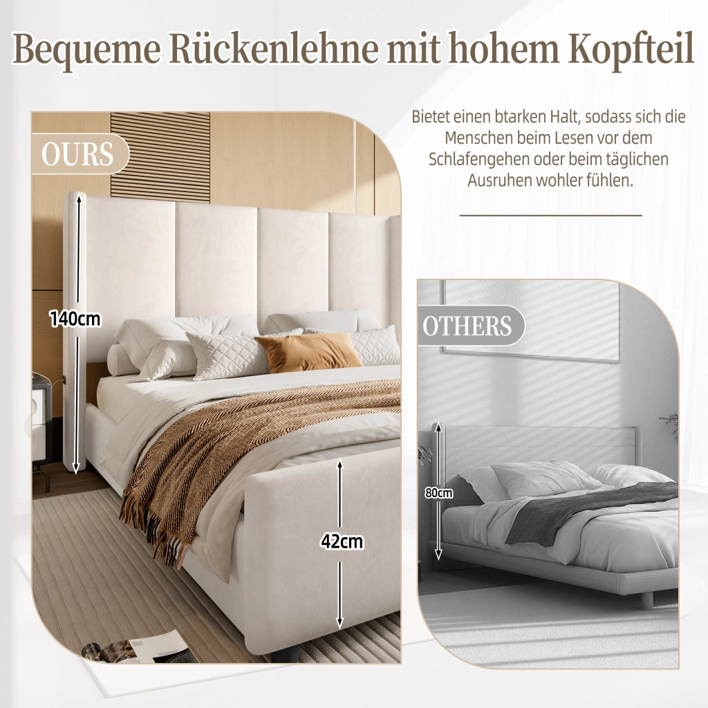 Letto Matrimoniale 140 x 200 cm; USB e Type-C; Testiera Alta e Pediera Alta; in Velluto Beige
