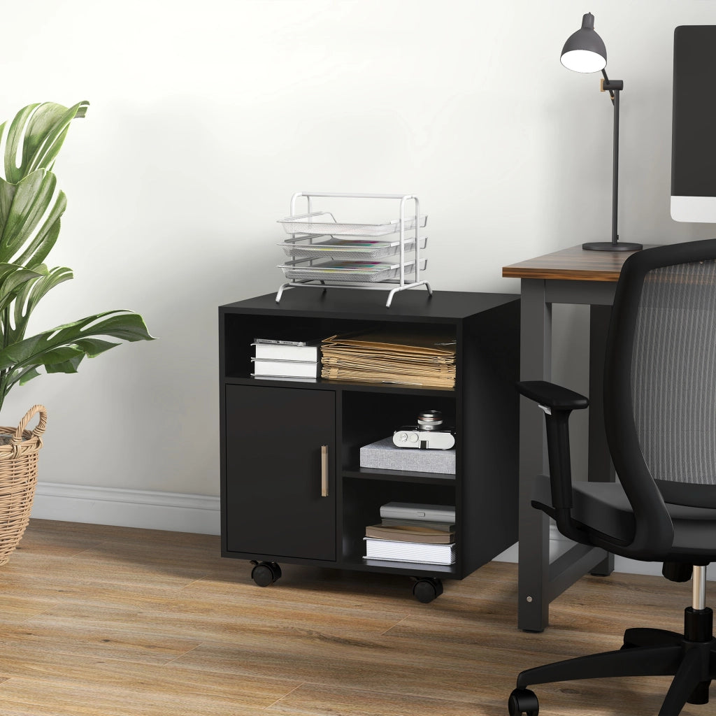 Mobile Porta Stampante a Rotelle con Armadietto e 3 Ripiani Aperti, in Legno, 60x50x65.5 cm, Nero