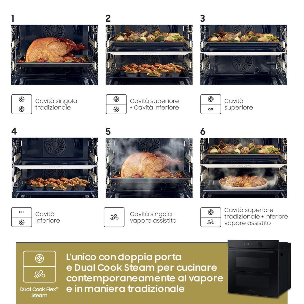Samsung NV7B5760WBK-U5 Forno Elettrico Multifunzione da incasso a Vapore Dual Cook Flex Steam Classe energetica A+ 40 Programmi Frittura ad Aria WiFi 59,5 cm Nero