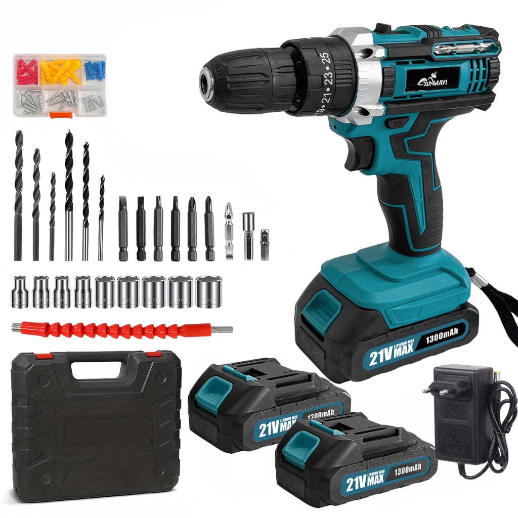 Trapano avvitatore a percussione senza fili 21V MAX 2 batterie 1300mAh 25+3 regolazioni di coppia 3 modalità luce LED Blu