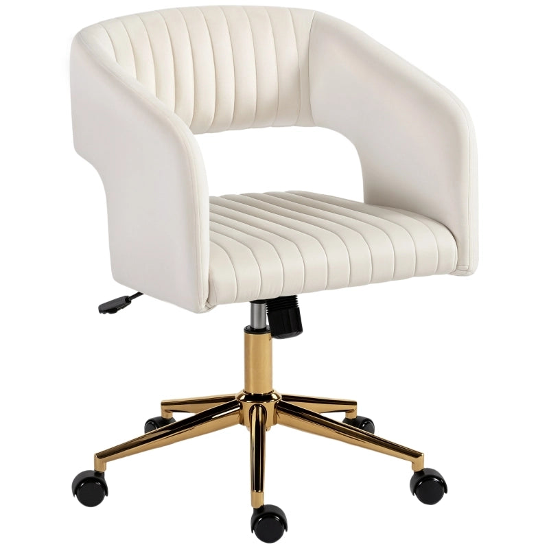 Sedia da ufficio con ruote, rivestimento effetto velluto, altezza regolabile, funzione di inclinazione, colore bianco crema.
