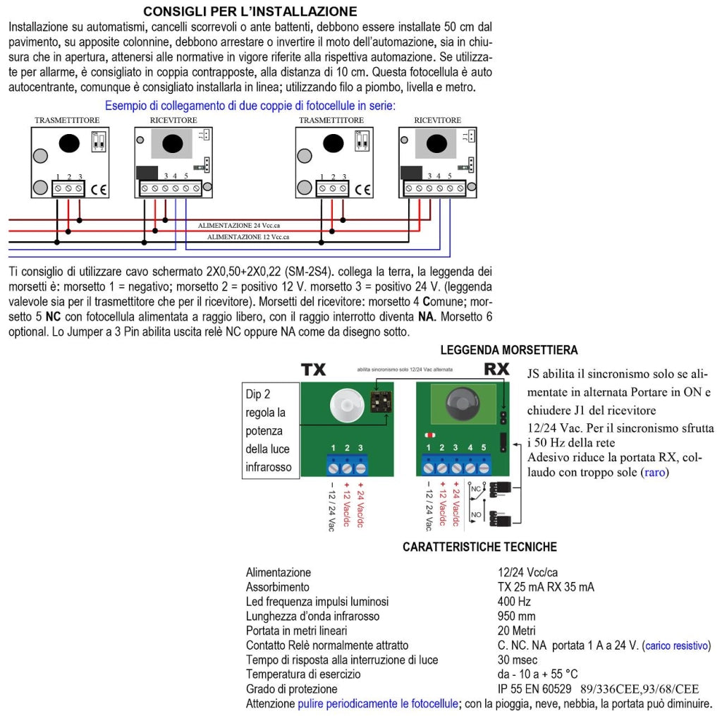 Fotocellule TX e RX da Incasso 2 Coppie Sicurezza e Controllo Cancello Elettrico Portata 20 Metri Montaggio a Parete Oppure su Palina Alimentazione 12/24 Vac