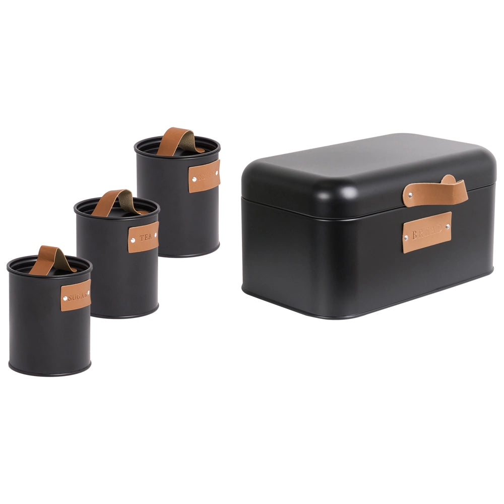 Set da 4 pezzi composto da portapane e contenitori in metallo nero Portapane 30 x 17 x 17 cm Contenitori per tè, caffè e zucchero Conservazione degli alimenti Cucina moderna