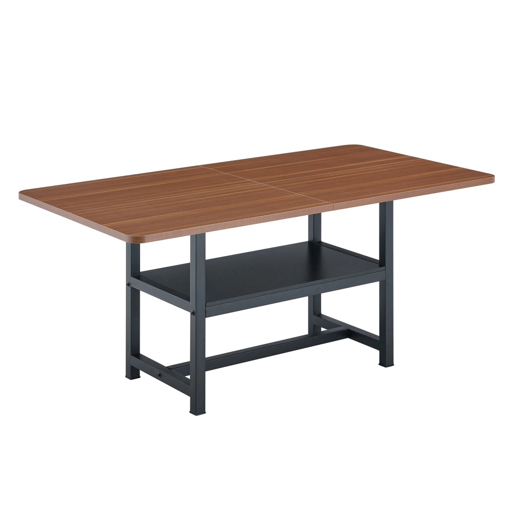 Tavolo da pranzo per 4-6 persone con ripiano portaoggetti; piano effetto noce e gambe in metallo nero; 160×90×76 cm