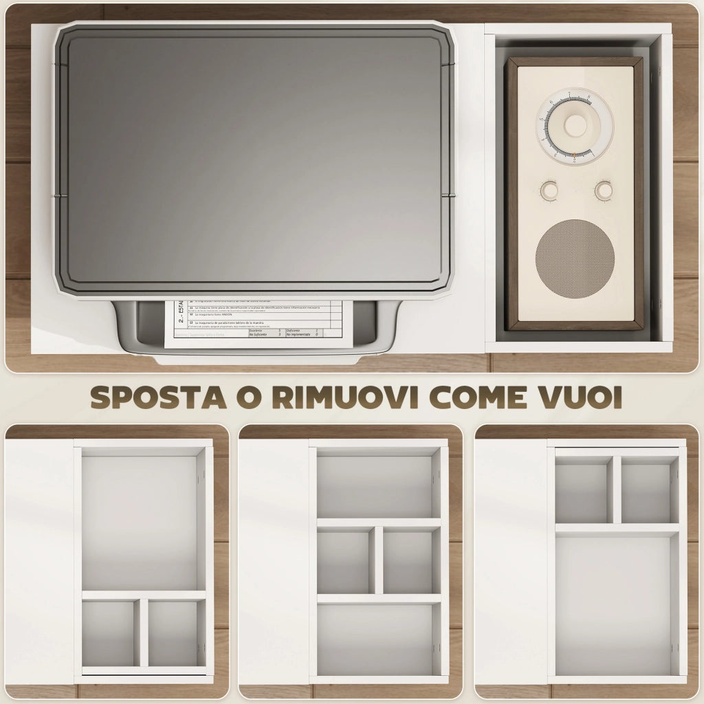 Tavolino da Salotto 70x36x60 cm con Ruote Vani Aperti Ripiano e Scomparto Superficie in Melamina Bianco