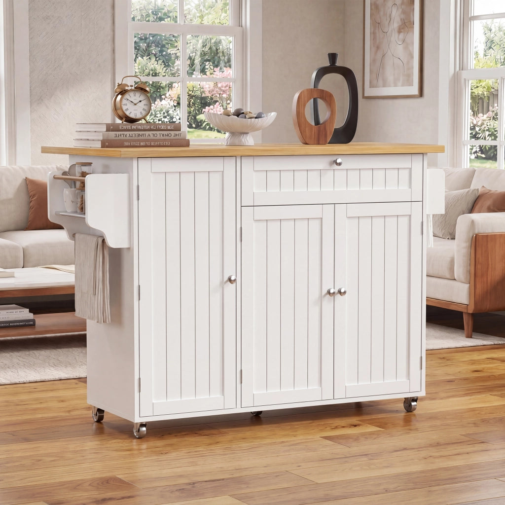 Carrello da cucina con piano ribaltabile; 1 cassetto; 3 vani; ripiani regolabili e ruote; in MDF; naturale bianco