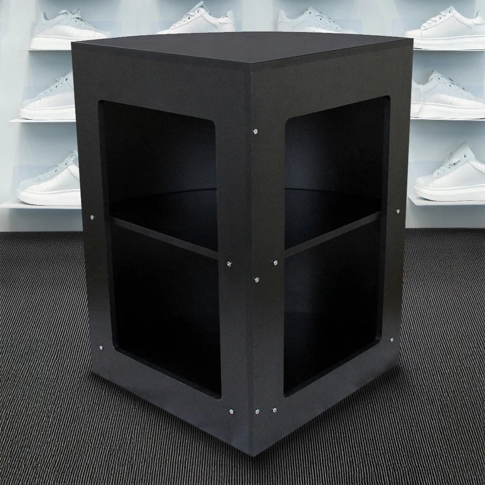 Bancone angolare curvo CM60 in MDF nero con ripiani interni per negozio