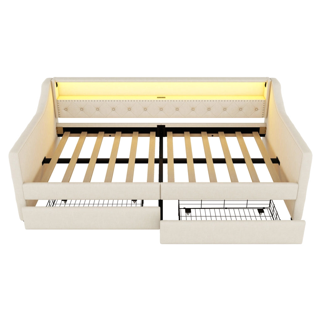 Letto singolo 90×200 cm con LED; USB e 2 cassetti; rete inclusa; senza materasso; lino; beige