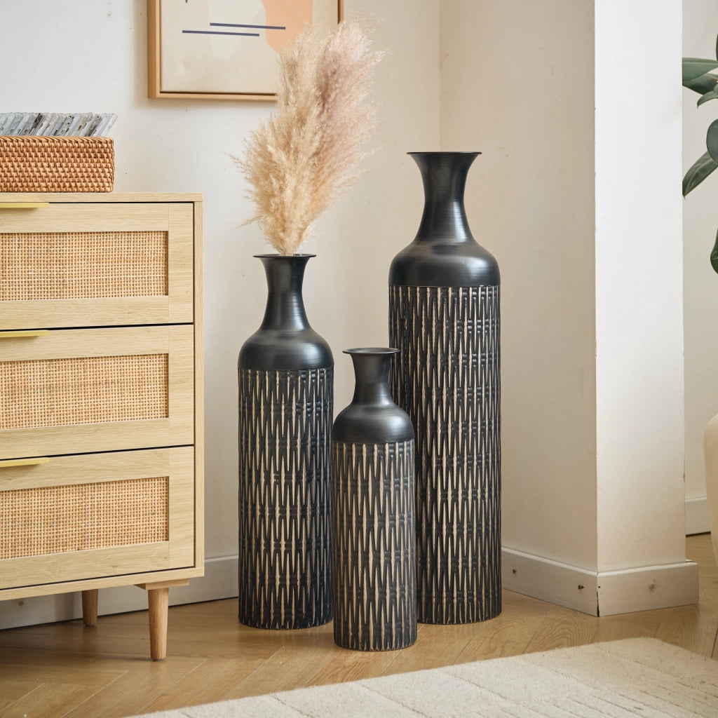 VASI DA TERRA Set da 3 pezzi 50/66/83 cm Metallo Nero