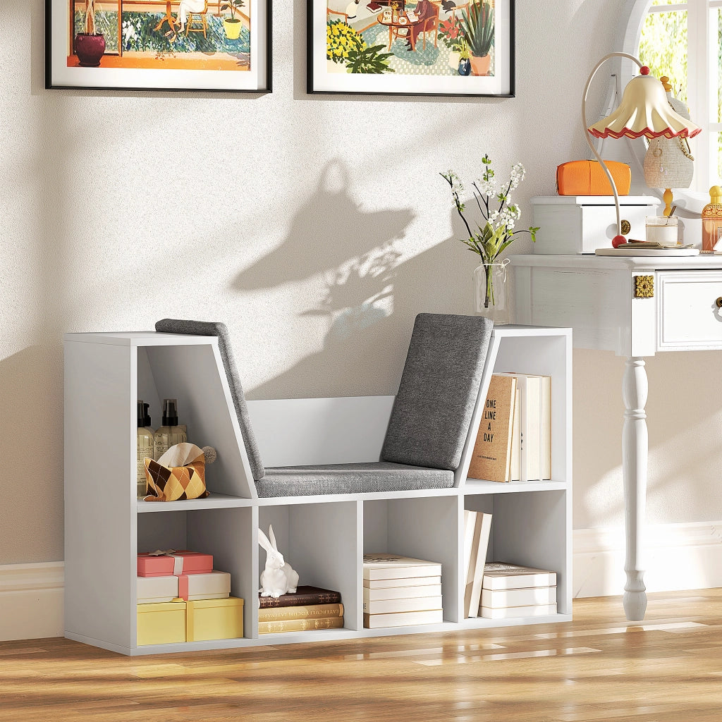 Libreria con cuscino di seduta, ripiano contenitore con 6 scomparti, effetto lino, piccola libreria per soggiorno, camera da letto, 105 x 30 x 63 cm,