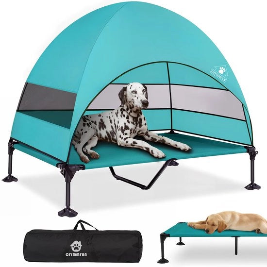 Letto per cani elevato con ombrello, poltrona per cani elevata per esterno con suola antiscivolo, trasportabile con ombra su tre lati, divano per cani per campeggio, giardino, spiaggia e piscina