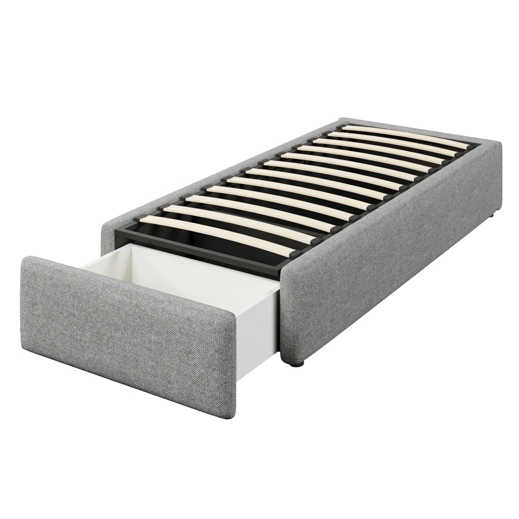 Letto adulto 90×200 cm; con contenitore idraulico e 1 cassetto; senza materasso; in tessuto grigio