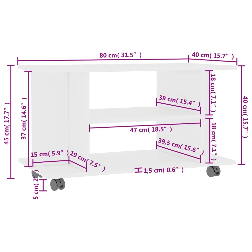 Mobile TV con Ruote Bianco 80x40x45 cm in Legno Multistrato 800189