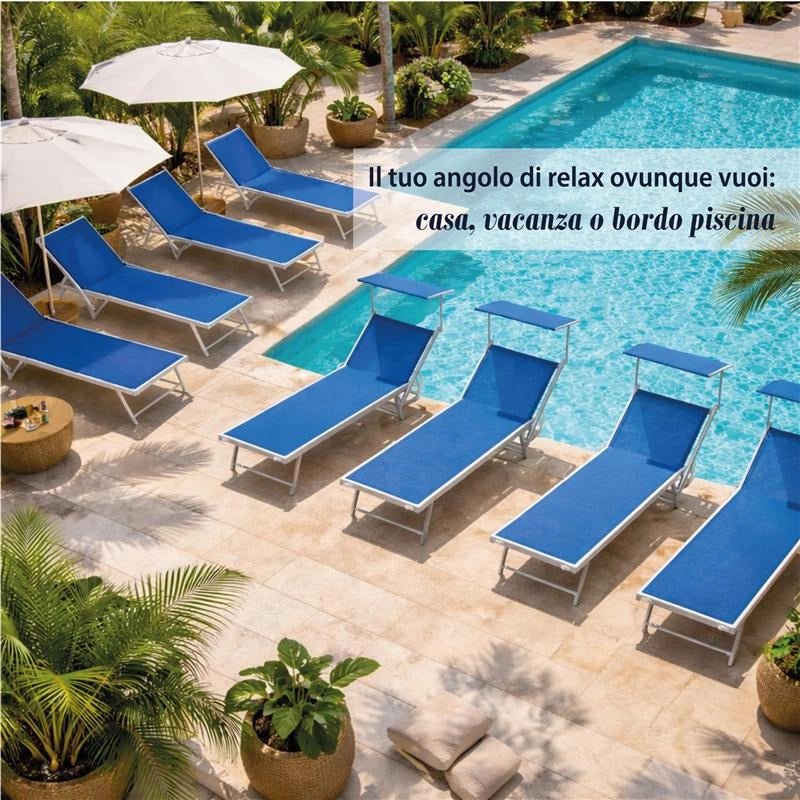 LETTINO STABILIMENTO RIMINI PRENDISOLE IN ALLUMINIIO CON PARASOLE PIEGHEVOLE 61X183/189X38H CM, COLORE BLU