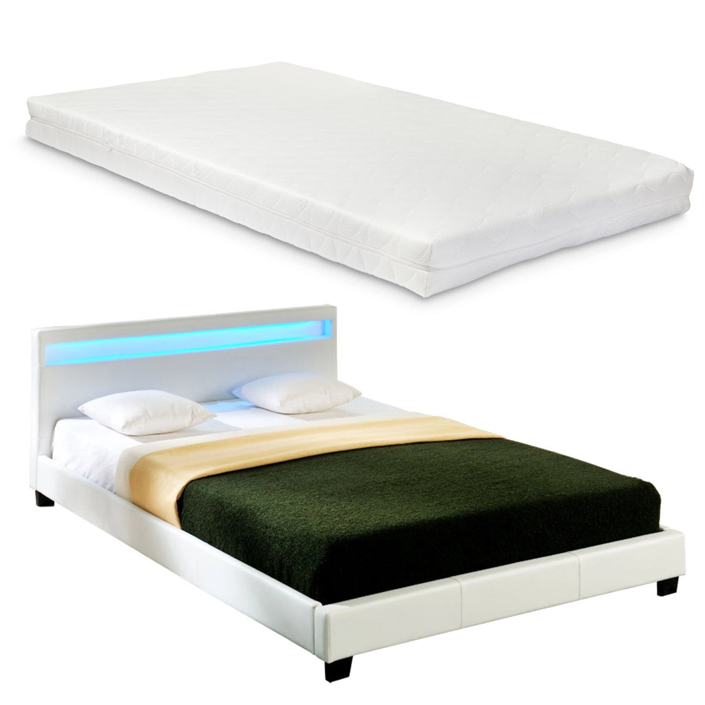 Letto Matrimoniale con Materasso 180x200 cm Testiera Alta con Illuminazione a LED Similpelle - Bianco Corium