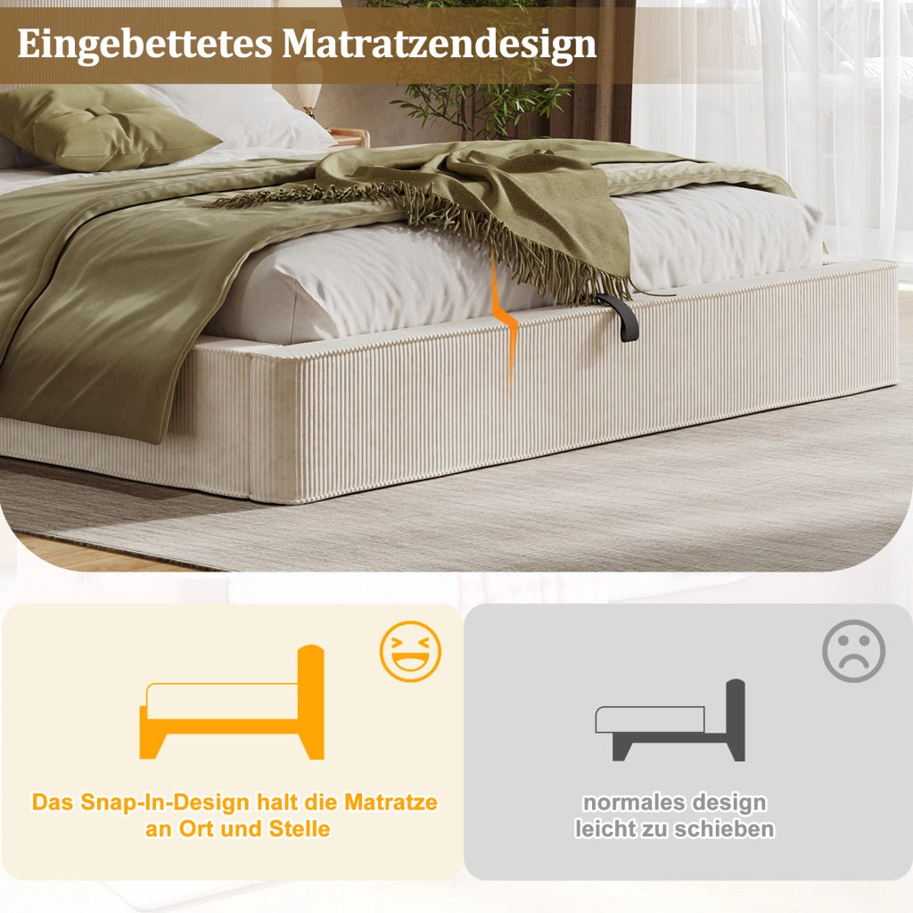 DESMIU Letto contenitore 180 × 200 cm 2 posti con vano idraulico e testiera, senza materasso, in velluto a coste beige